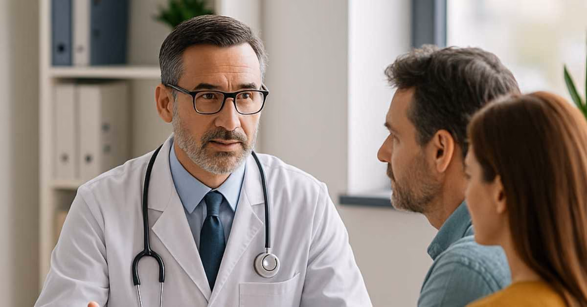 Gastroenterologist consulting a couple in a clinic in Tirupati