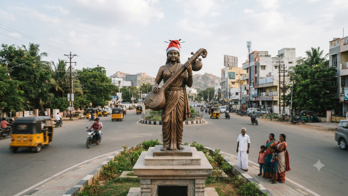 Santa cap on Annamacharya statue at Annamayya Circle in Tirupati