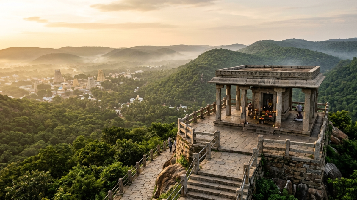 Srivari Padalu Tirumala shrine on Narayanagiri hilltop overlooking the Tirumala temple town