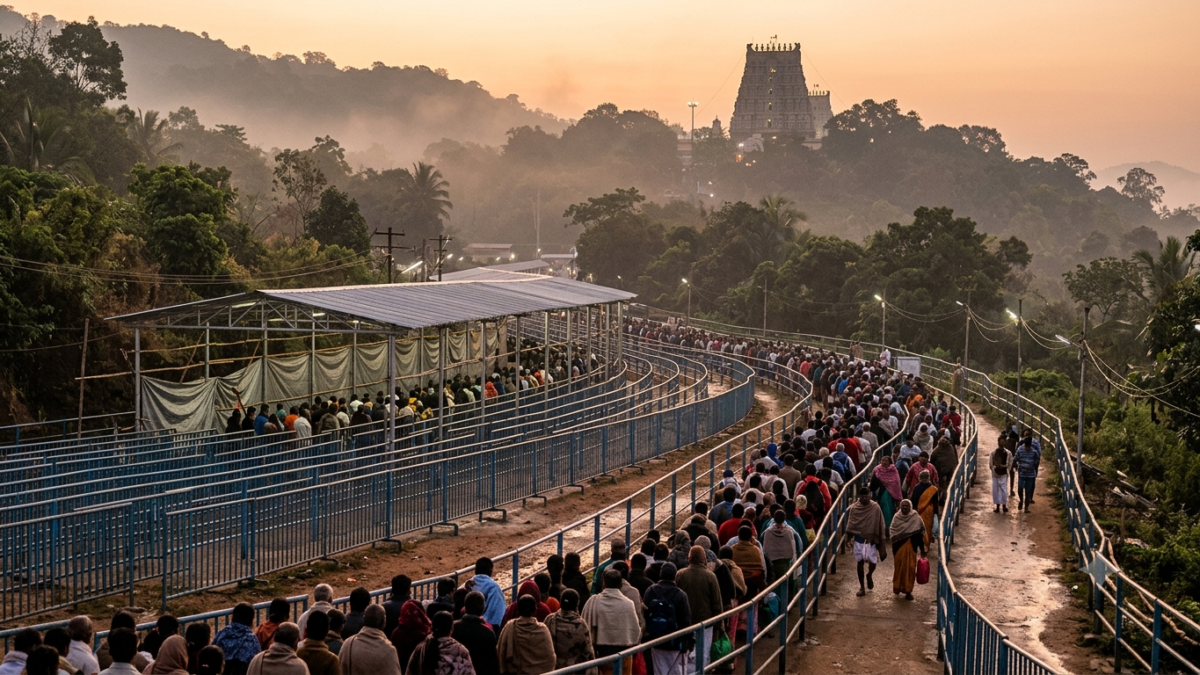 Vaikunta Ekadasi Tirumala pilgrims in the Vaikunta Dwaram darshan queue at dawn