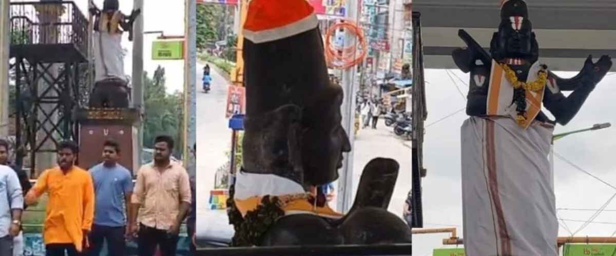 Annamayya statue adorned with a Santa cap in Tirupati