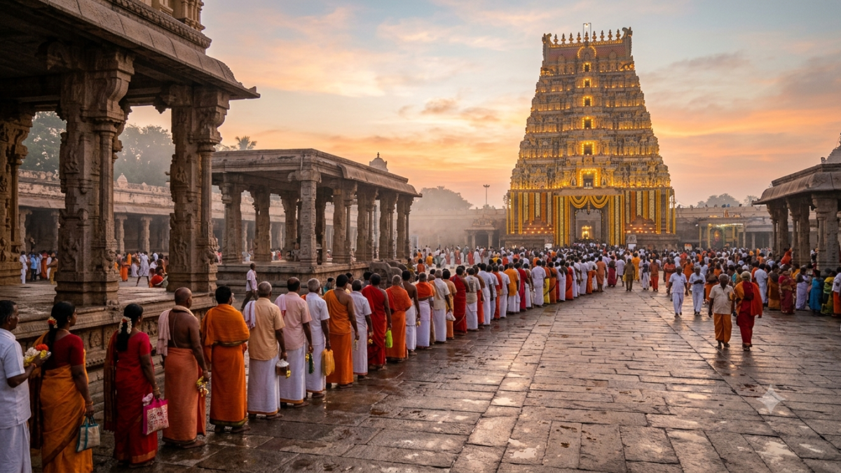 Devotees in queue for Tirumala Vaikunta Dwara Darshan at the temple's northern gate