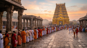 Devotees in queue for Tirumala Vaikunta Dwara Darshan at the temple's northern gate