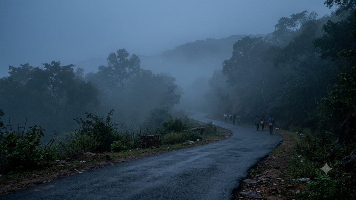 Tirupati ambulance accident — foggy road on the Tirumala pilgrim foot route near Chandragiri
