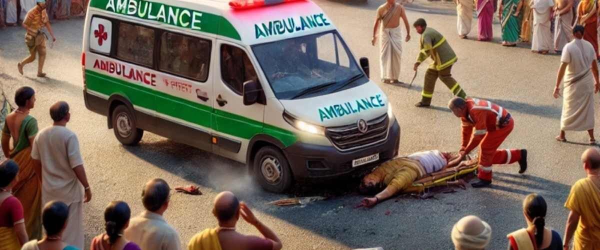 Scene of the Tirupati ambulance accident involving devotees and emergency rescue.