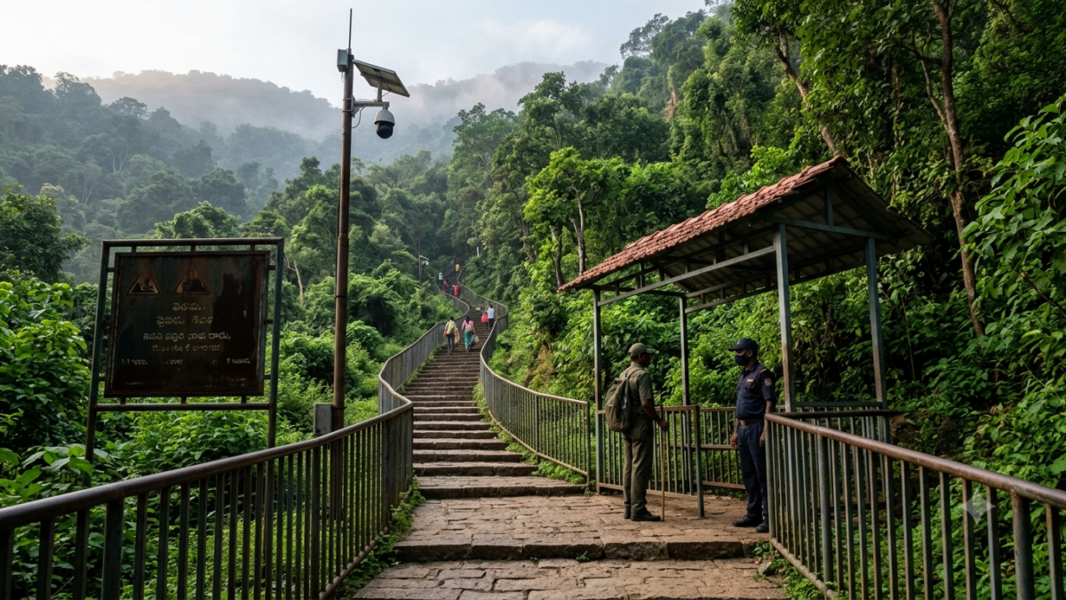 TTD safety measures on the Alipiri footpath with security patrols monitoring pilgrims climbing to Tirumala