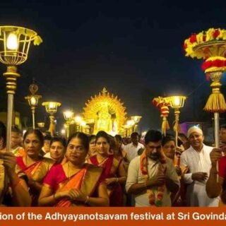 Devotees participating in the concluding procession of the Adhyayanotsavam festival at Sri Govindaraja Swamy Temple, Tirupati.
