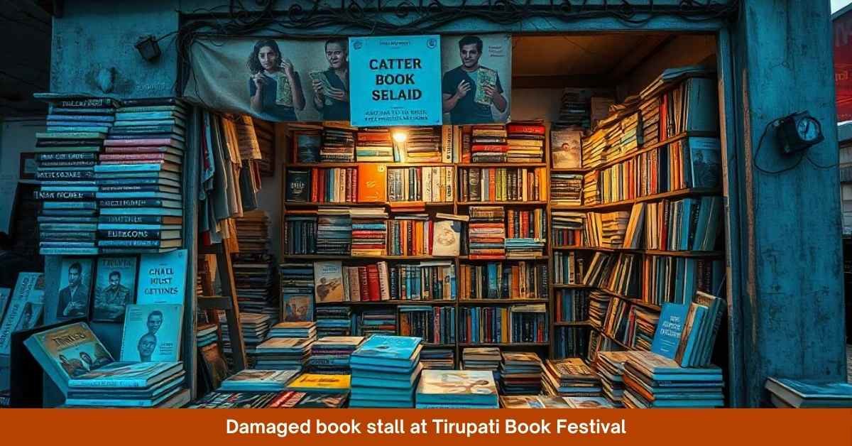 Damaged book stall at Tirupati Book Festival