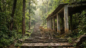 Tirumala footpath leopard safety: leopard near the forested Alipiri stone steps