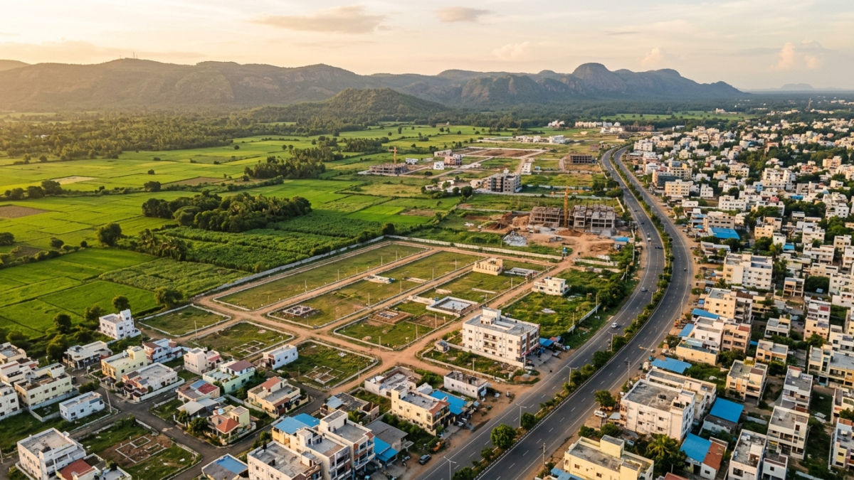 TUDA Master Plan 2040: aerial view of Tirupati's urban fringe, arterial roads and farmland