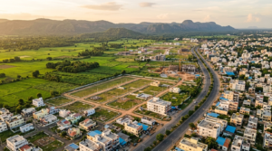 TUDA Master Plan 2040: aerial view of Tirupati's urban fringe, arterial roads and farmland