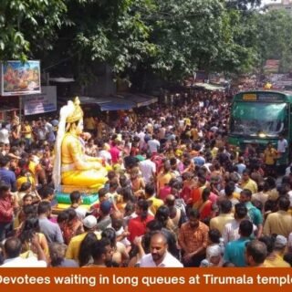 Devotees waiting in long queues at Tirumala temple