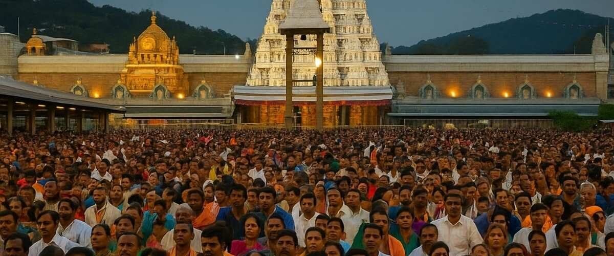 Large crowd of pilgrims at Tirumala temple in May 2025