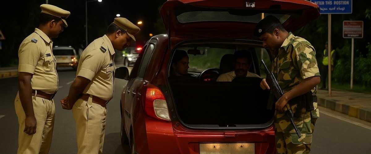 Security personnel conducting checks at Tirumala entry point
