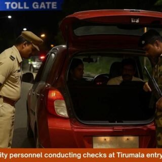 Security personnel conducting checks at Tirumala entry point