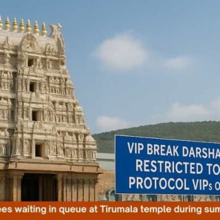 Devotees waiting in queue at Tirumala temple during summer 2025