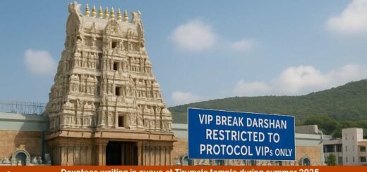 Devotees waiting in queue at Tirumala temple during summer 2025