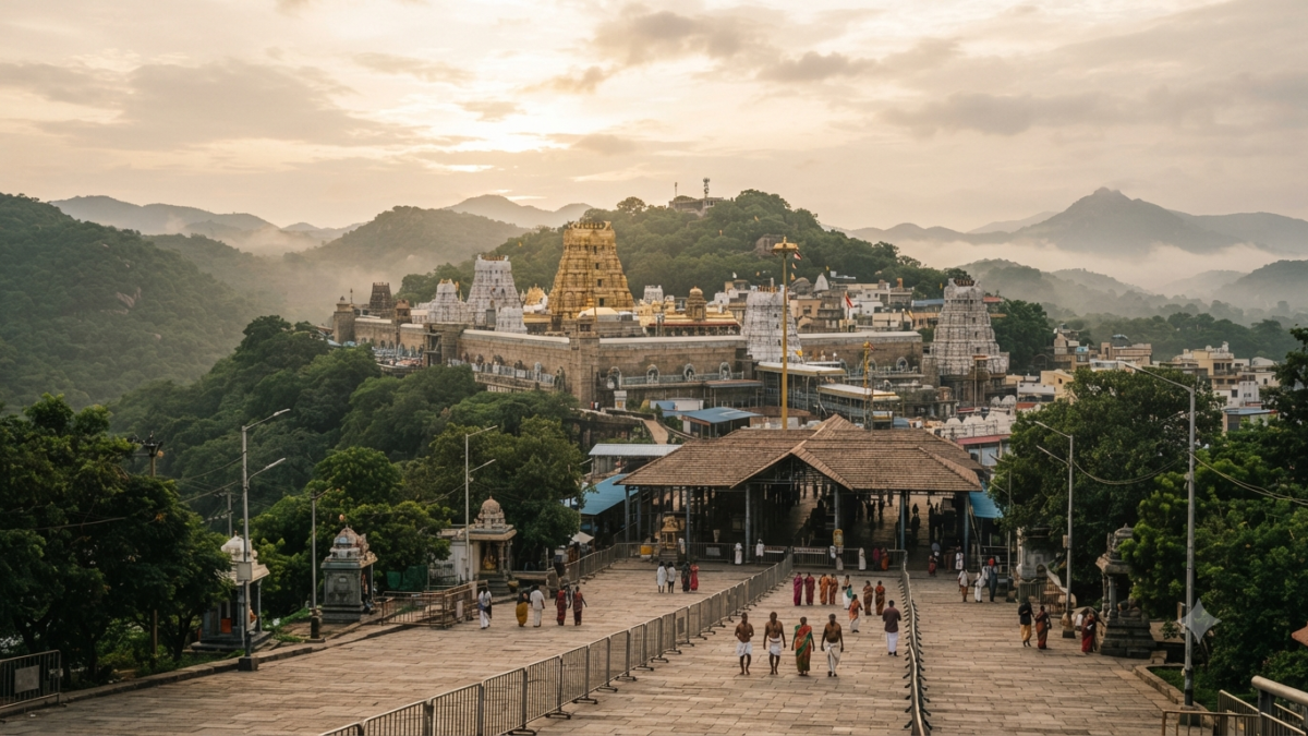 VIP Break Darshan Tirumala: pilgrims approaching the hill-top temple queue complex under morning light