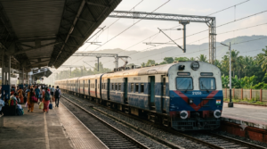 MEMU trains to Tirupati waiting at a South Indian railway platform under overhead lines
