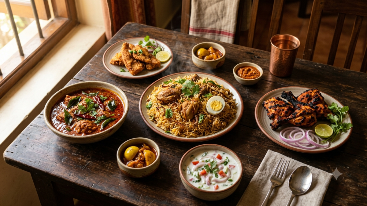 Non veg restaurants in Tirupati: biryani, Andhra chicken curry, tandoori and fish fry spread on a table