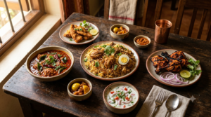 Non veg restaurants in Tirupati: biryani, Andhra chicken curry, tandoori and fish fry spread on a table