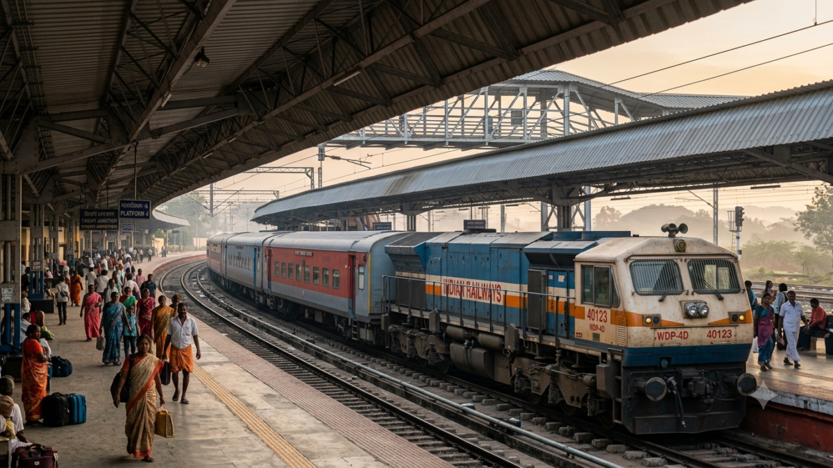 Telangana to Tirupati train waiting at a station platform, showing direct rail links from Hyderabad to the temple town