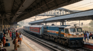 Telangana to Tirupati train waiting at a station platform, showing direct rail links from Hyderabad to the temple town