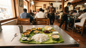 Diners at one of the best vegetarian restaurants in Tirupati serving South Indian tiffin, thali and pure-veg meals to pilgrims