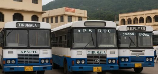APSRTC buses at depot in Tirumala with hills in background