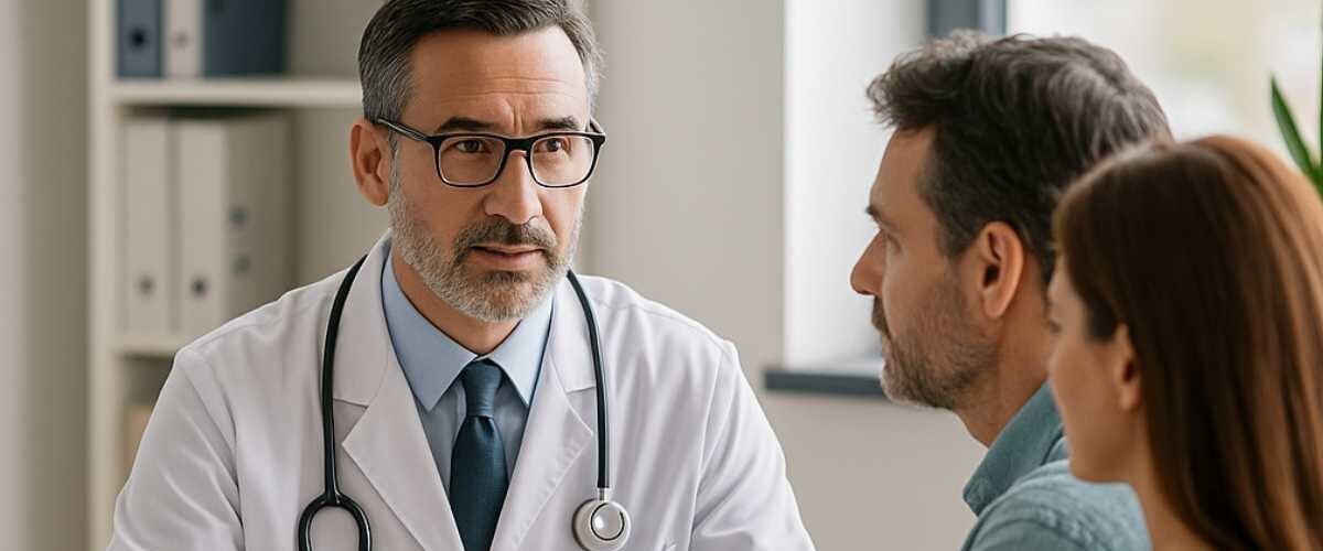 Gastroenterologist consulting a couple in a clinic in Tirupati