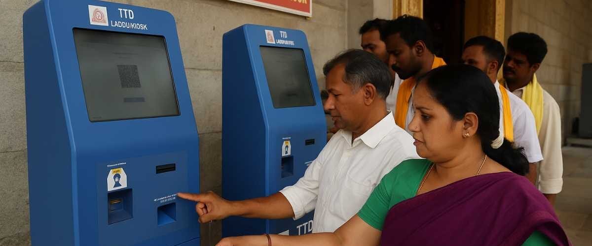 Devotees using laddu booking kiosk at Tirumala temple