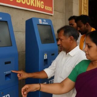 Devotees using laddu booking kiosk at Tirumala temple