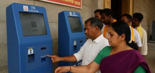 Devotees using laddu booking kiosk at Tirumala temple