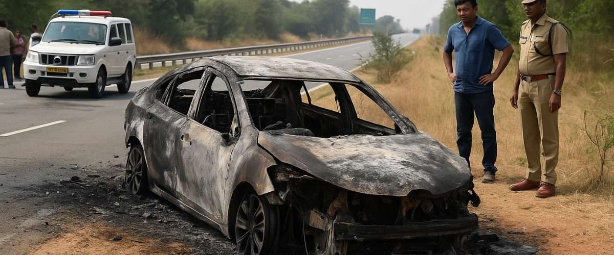 Burnt car remains from Tirupati accident where parents died