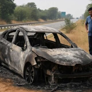Burnt car remains from Tirupati accident where parents died