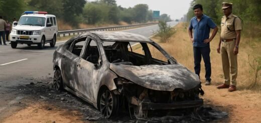 Burnt car remains from Tirupati accident where parents died