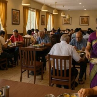 Interior of a vegetarian restaurant in Tirupati with diners and servers