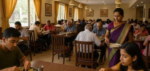 Interior of a vegetarian restaurant in Tirupati with diners and servers