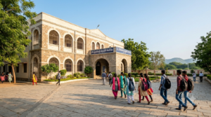 Degree colleges in Tirupati – students walking outside a college academic block