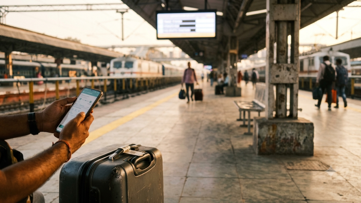 Passenger checking train status on a phone at a platform amid a Tirupati train cancellation