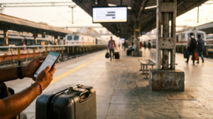 Passenger checking train status on a phone at a platform amid a Tirupati train cancellation