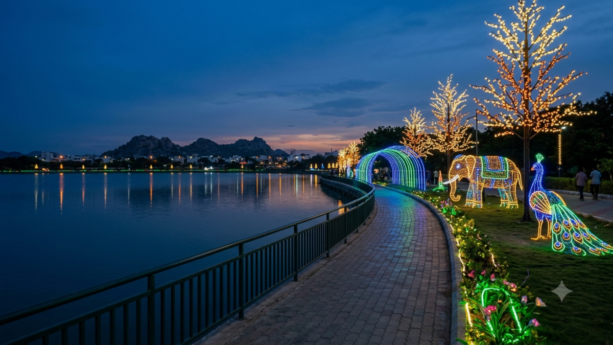 Glow Garden Tirupati LED light installations along the Vinayaka Sagar lake walking bund after dark