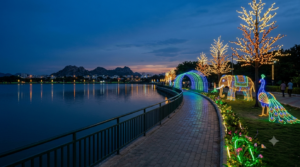 Glow Garden Tirupati LED light installations along the Vinayaka Sagar lake walking bund after dark