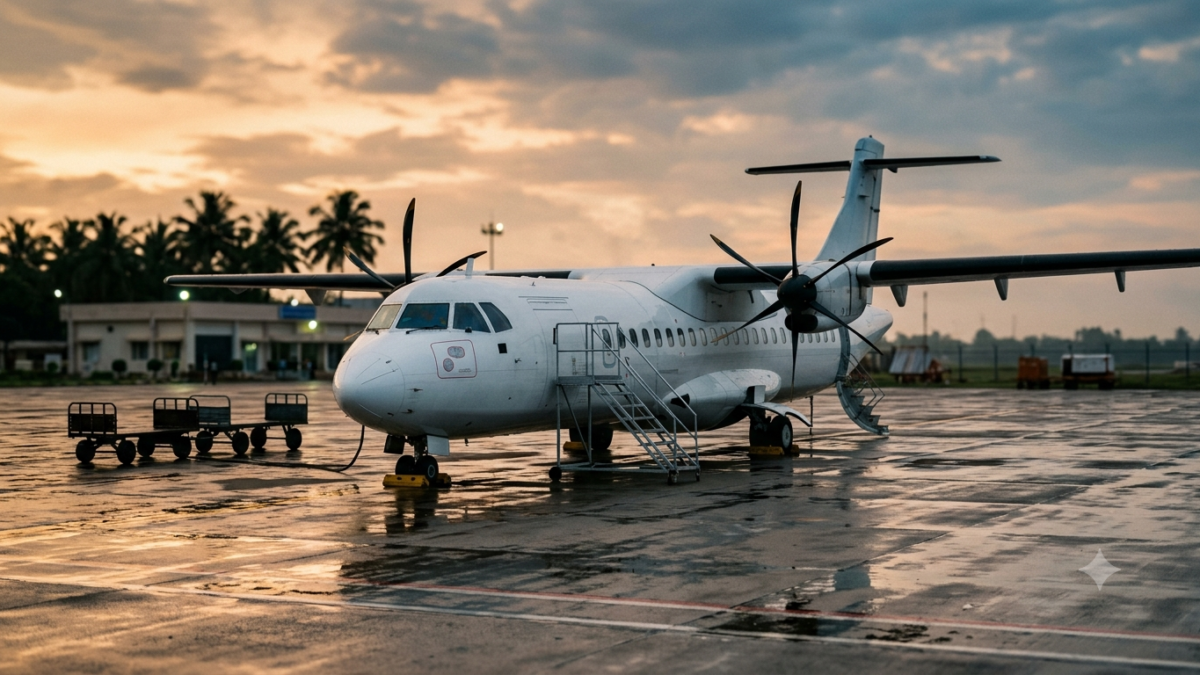 Hyderabad Tirupati flight cancelled — grounded ATR 72 turboprop with boarding stairs on an empty dawn apron