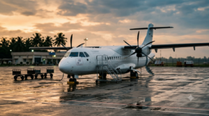 Hyderabad Tirupati flight cancelled — grounded ATR 72 turboprop with boarding stairs on an empty dawn apron