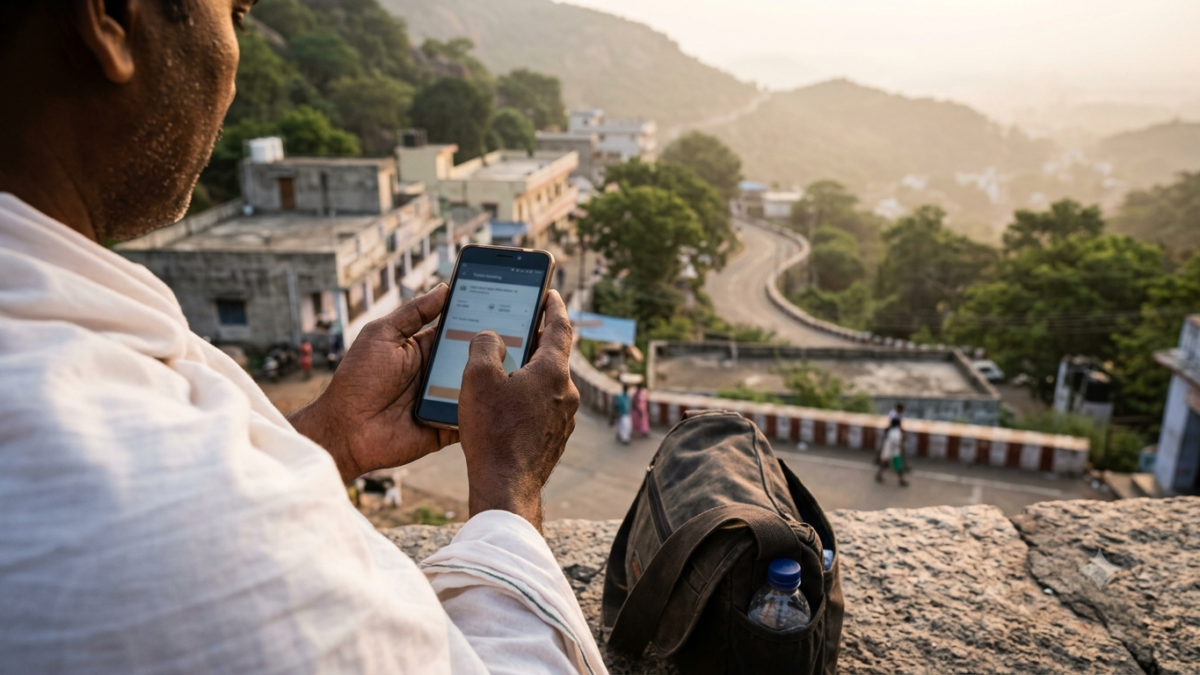 Srivani same day darshan online booking on a phone with the Tirumala temple town in background
