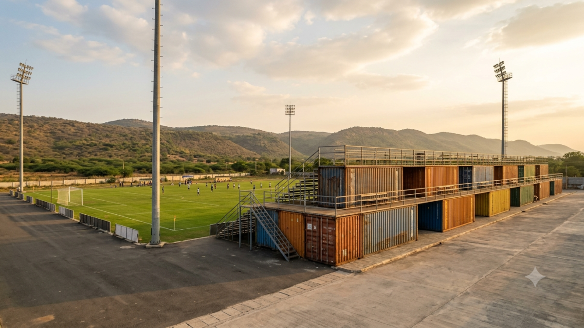 Tirupati container stadium built by Mohan Babu University from repurposed shipping containers