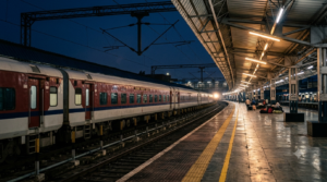 Tirupati Secunderabad special trains route — overnight express waiting at a lit platform at night