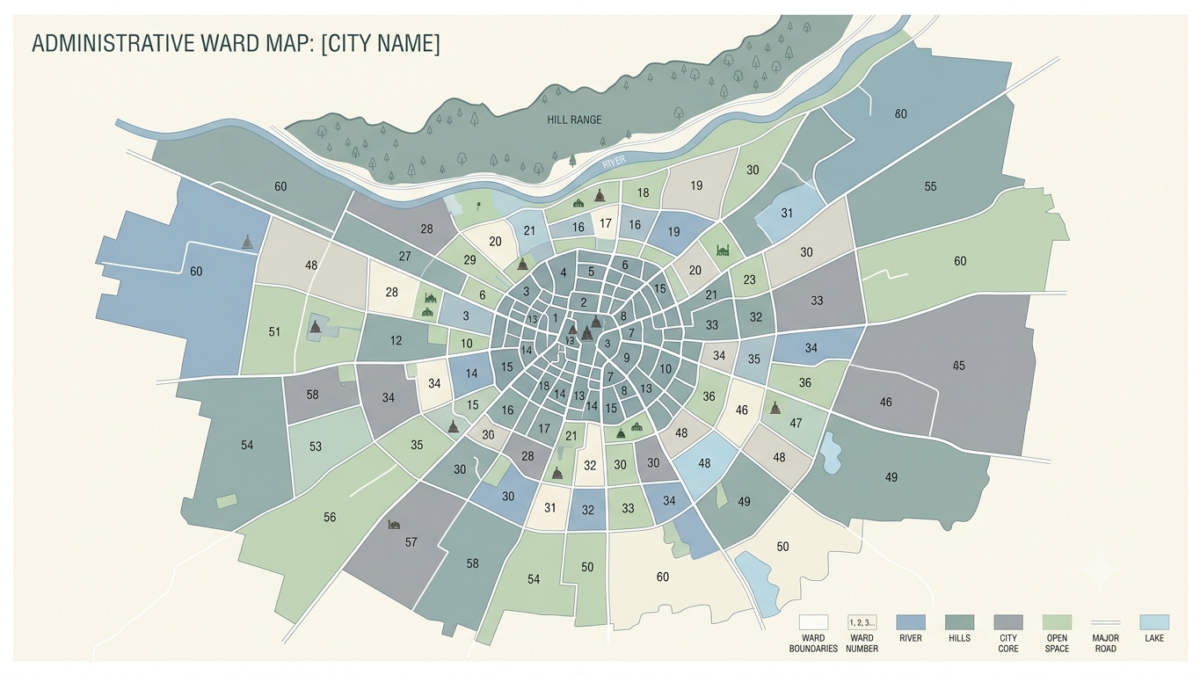 Tirupati Municipal Corporation wards map showing the city's 50 election divisions and merged suburban areas