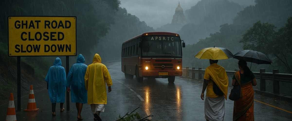Pilgrims in rain ponchos and umbrellas on Tirumala ghat road during Cyclone Ditwah, with an APSRTC bus, road-closure sign, fallen branches and the misty temple spire in the distance.